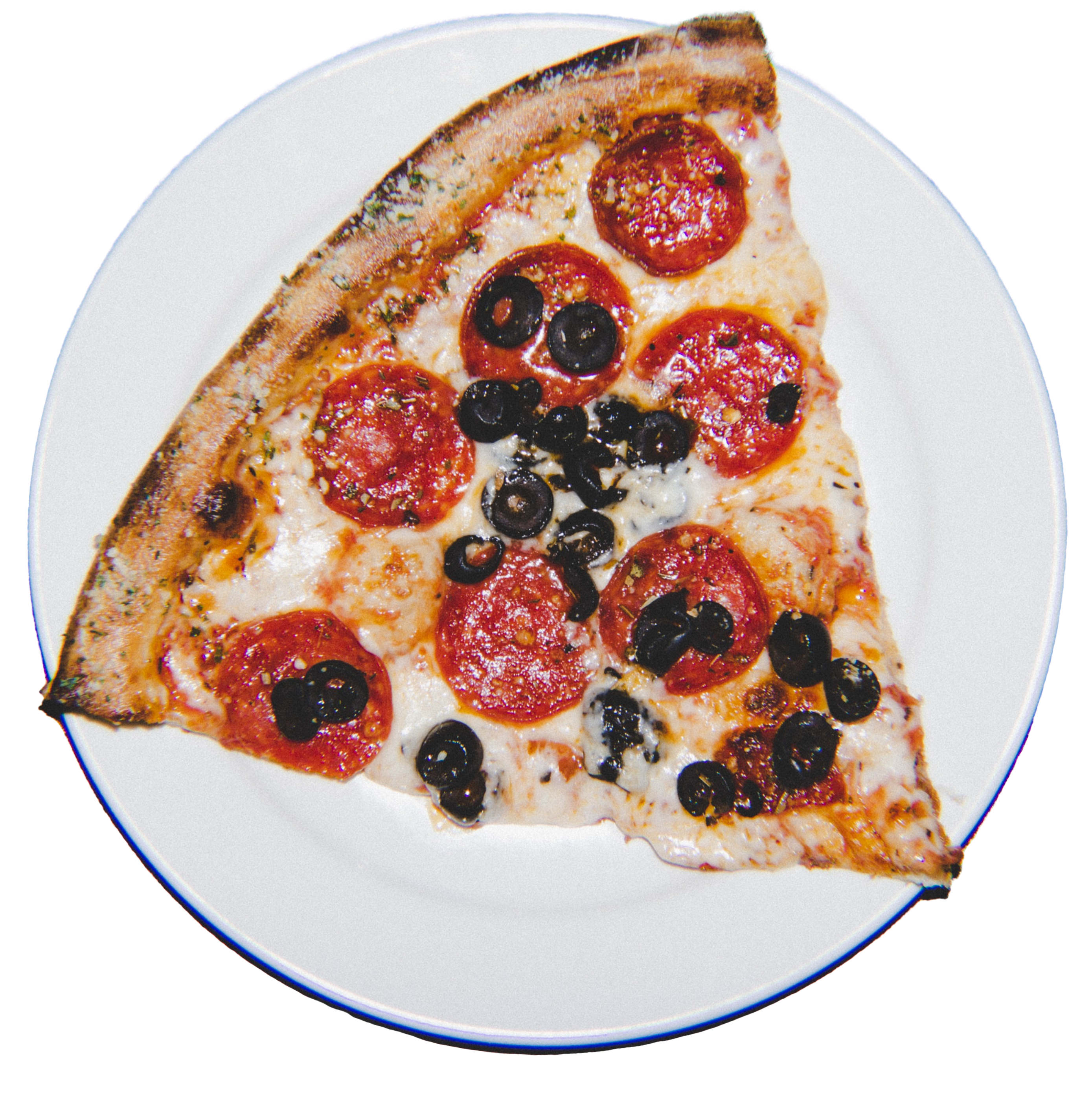 Mozzarella cheese, Pepperoni and black olives on our red sauce base and a parmesan herb crust.