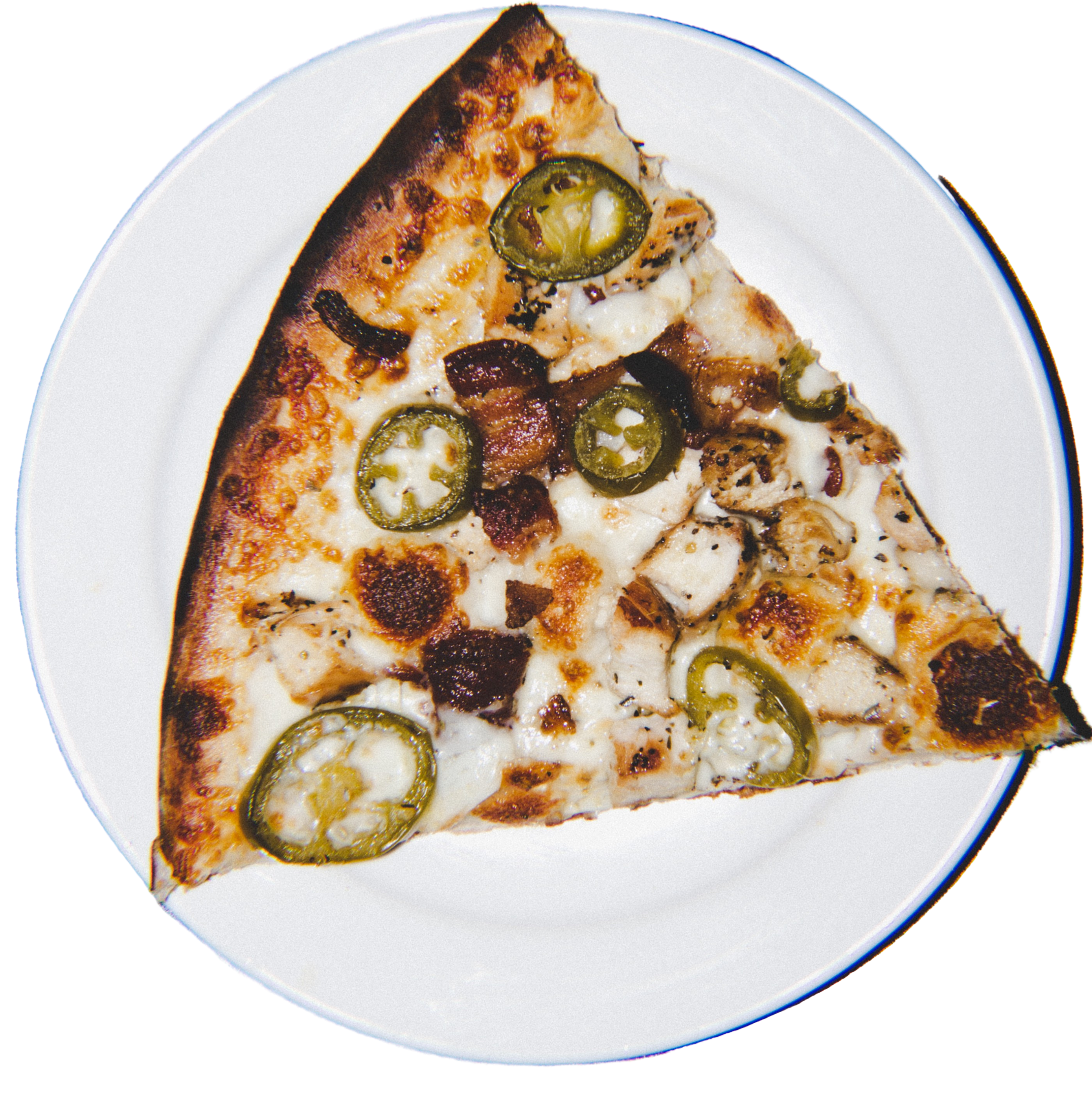 Our grilled chicken on a garlic and olive oil base, mozzarella cheese, and topped with sliced jalapenos and Applewood smoked bacon.