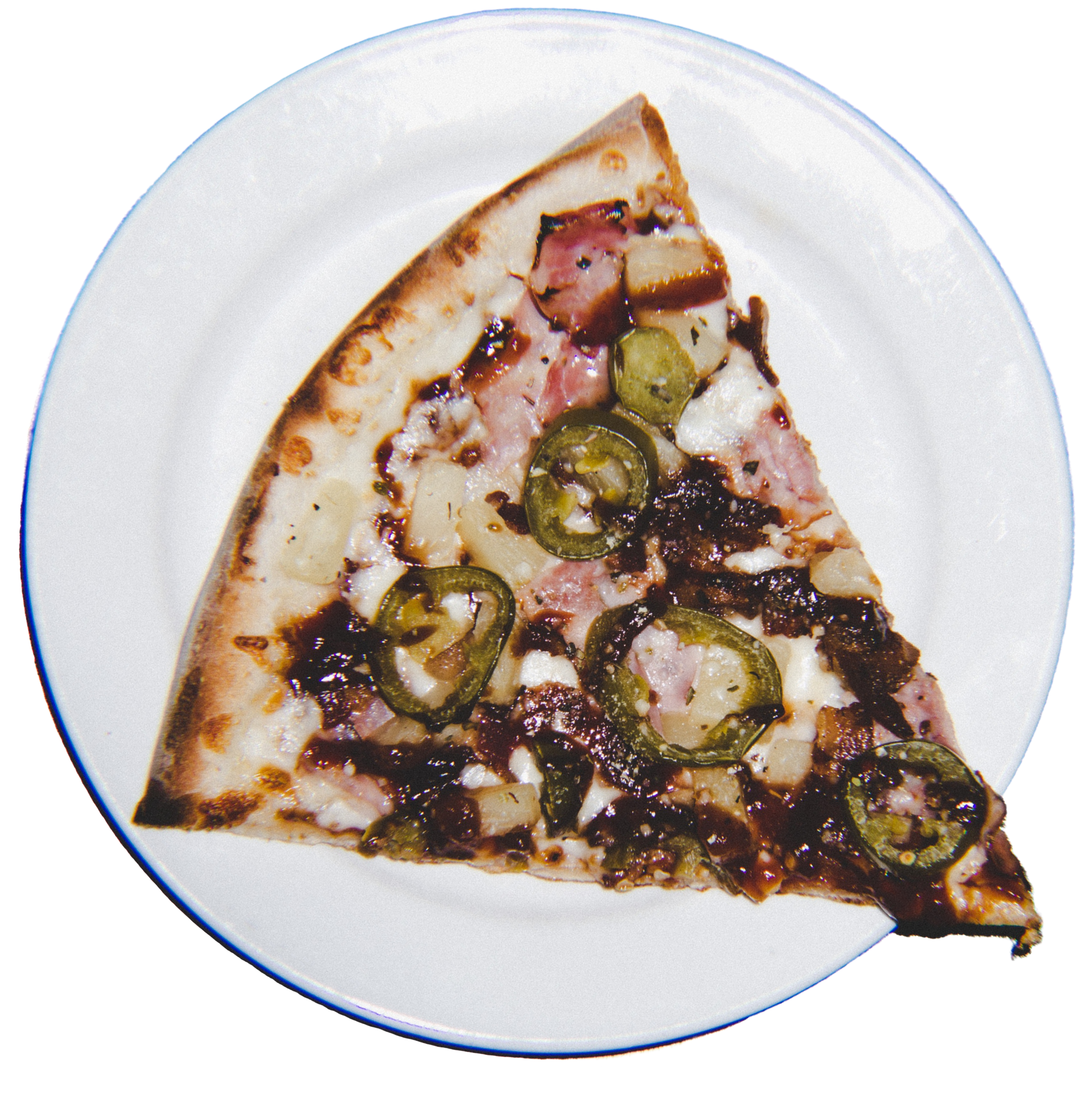 Mozzarella cheese, Ham, Pineapple, Applewood smoked bacon, Jalapenos on a BBQ sauce base.