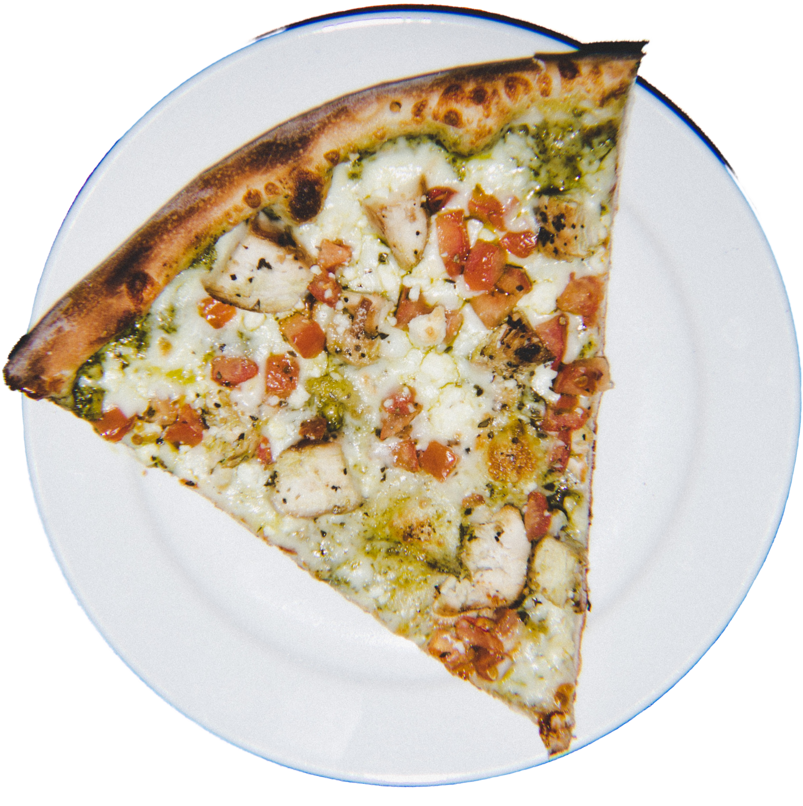 Our grilled chicken breast on a basil and pine nut pesto base, fresh cut roma tomatoes and topped with feta and mozzarella cheese.
